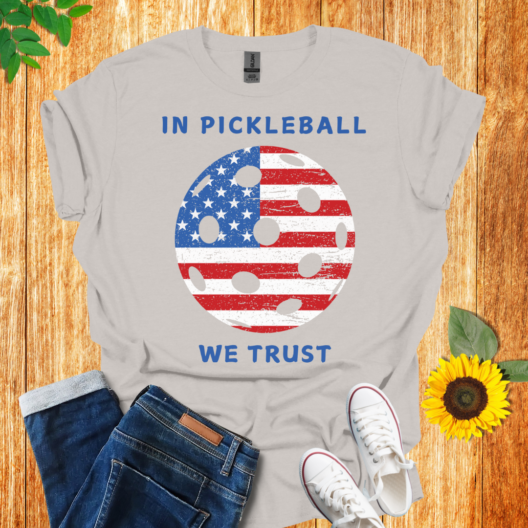 In pickleball we trust t-shirt ice grey color, front