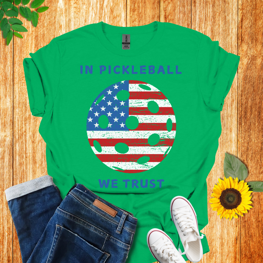 In pickleball we trust t-shirt green color, front