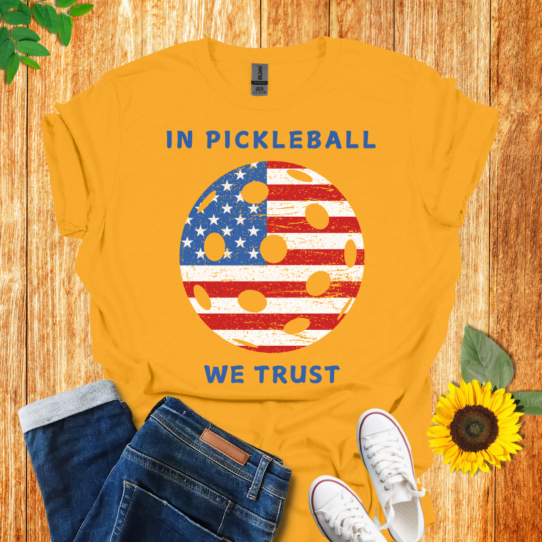 In pickleball we trust t-shirt gold color, front