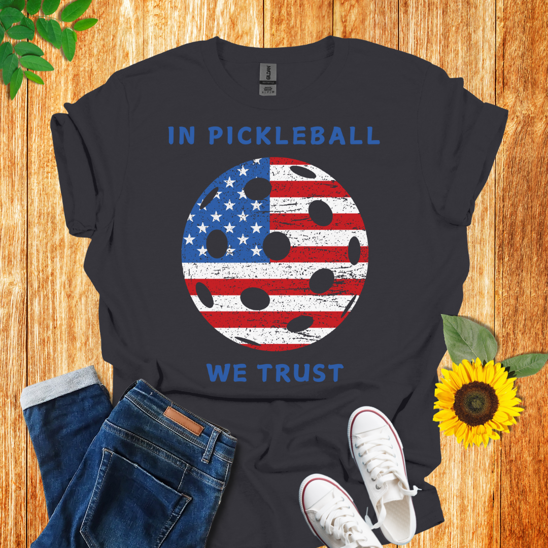 In pickleball we trust t-shirt charcoal color, front