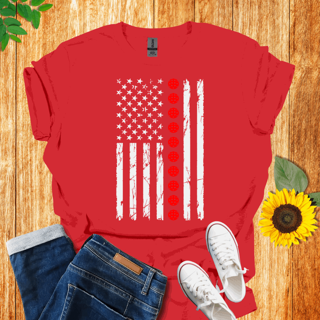 American Red Balls Flag Pickleball T-Shirt