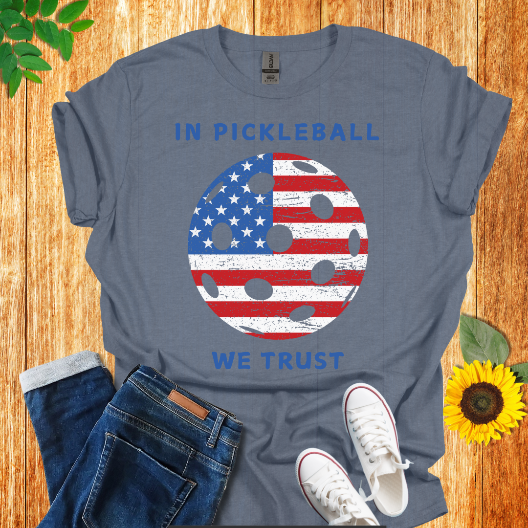 In pickleball we trust t-shirt heather indigo color, front