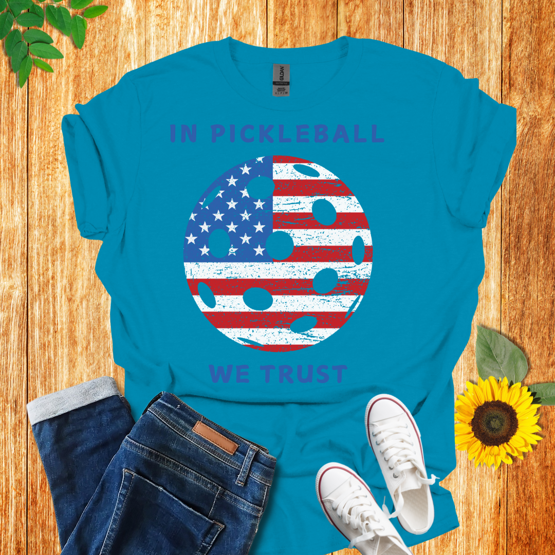 In pickleball we trust t-shirt tropical blue color, front