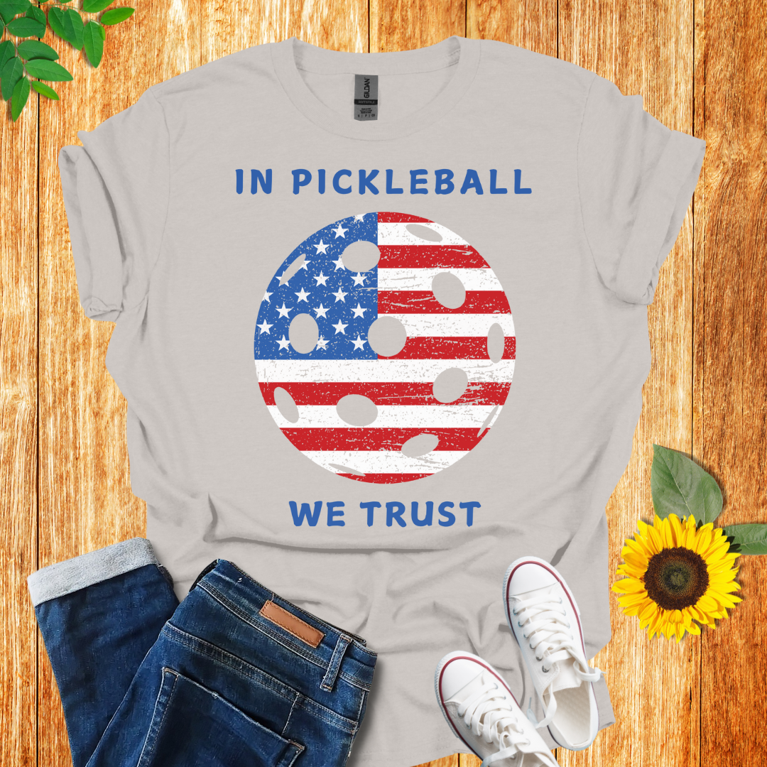 In pickleball we trust  t-shirt  ice grey color, front