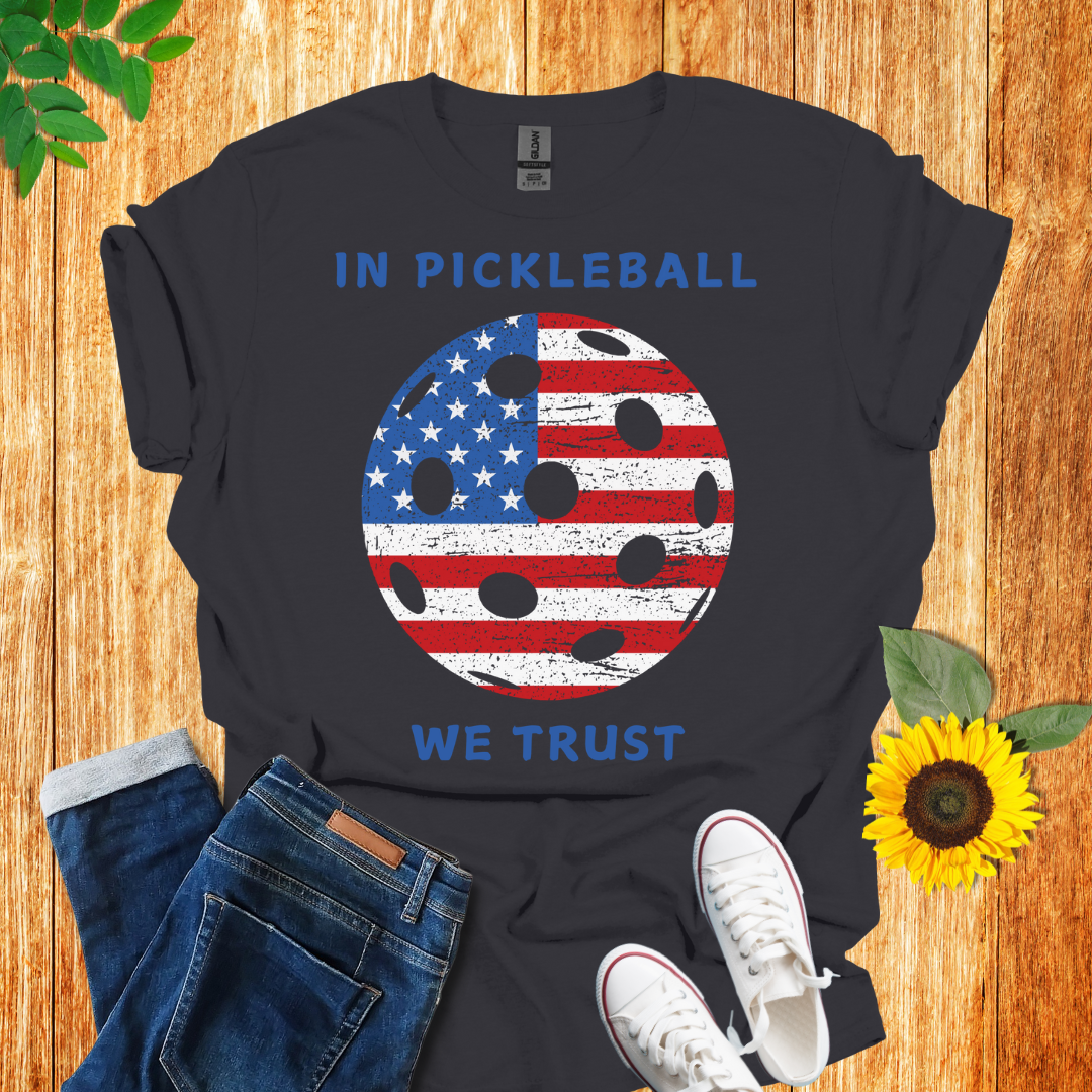 In pickleball we trust  t-shirt charcoal color, front