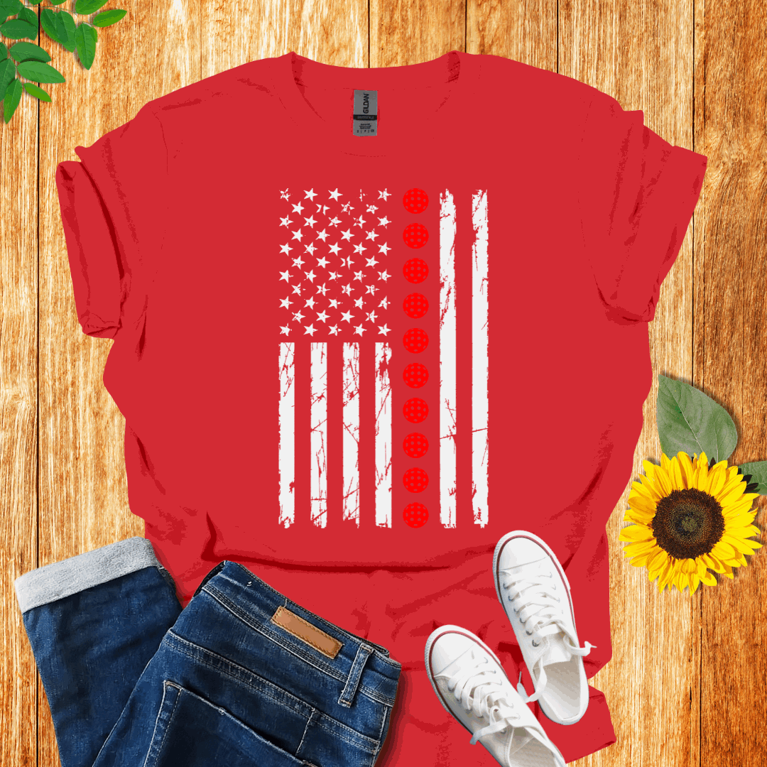 American Red Balls Flag  Pickleball T-Shirt