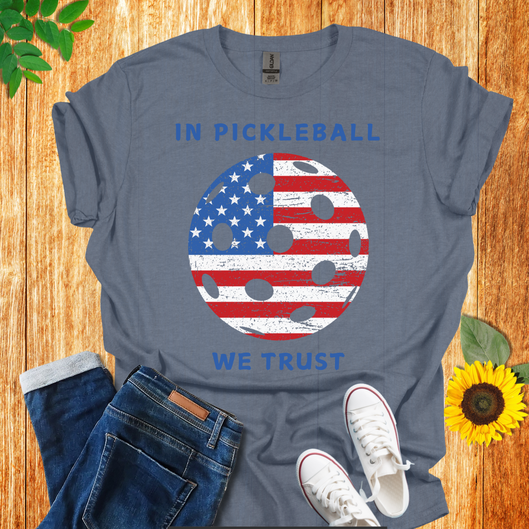 In pickleball we trust  t-shirt heather indigo color, front