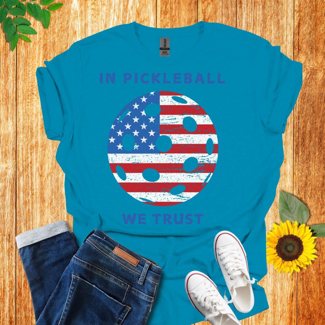 In pickleball we trust  t-shirt tropical blue  color, front